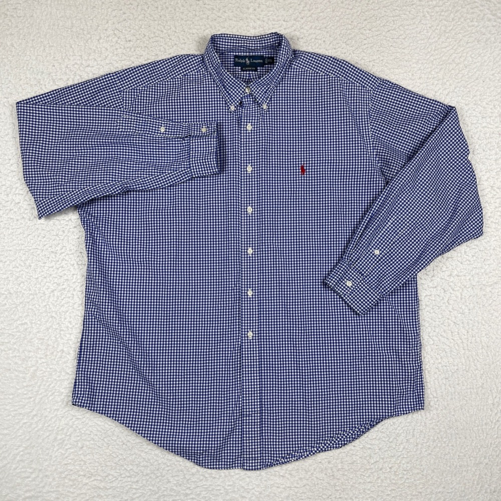 Ralph Lauren Button Down Shirt Mens XXL Blue Gingham Classic Fit Cotton‎ Preppy